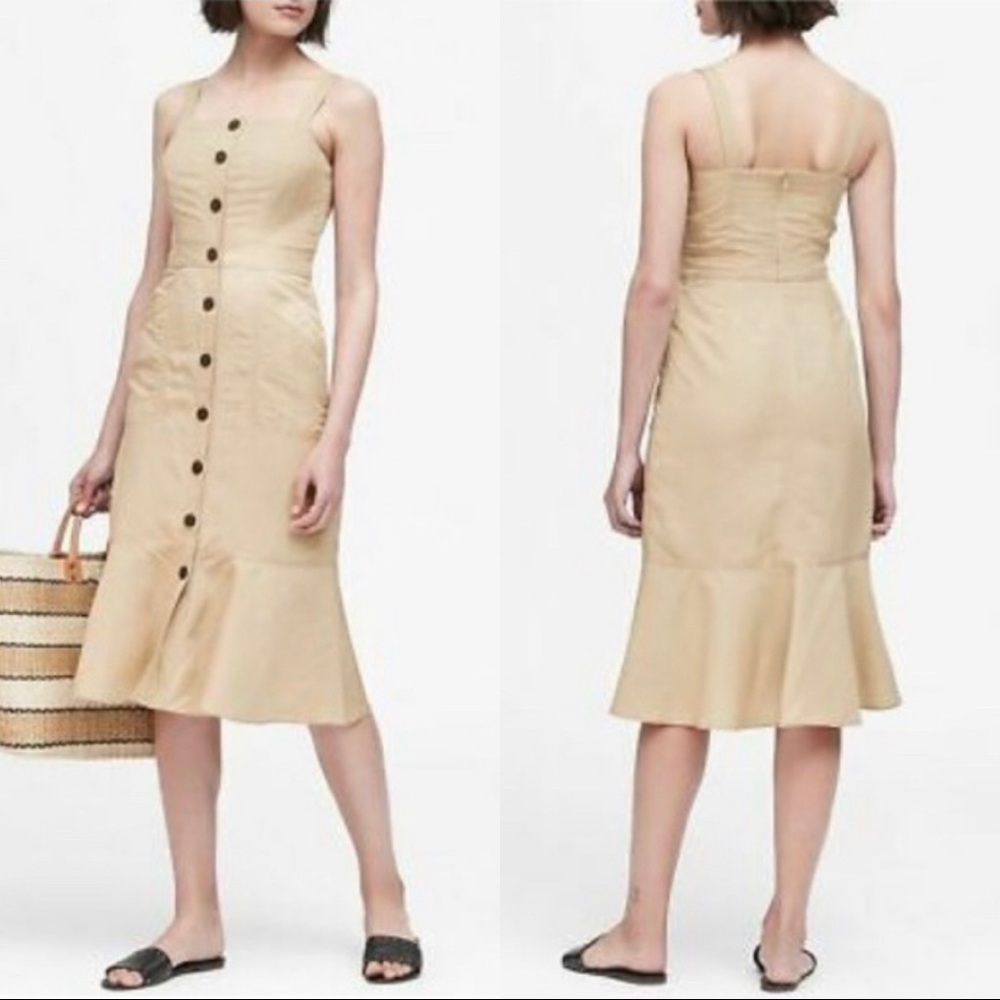 Banana Republic Beige Button-Front Midi Dress